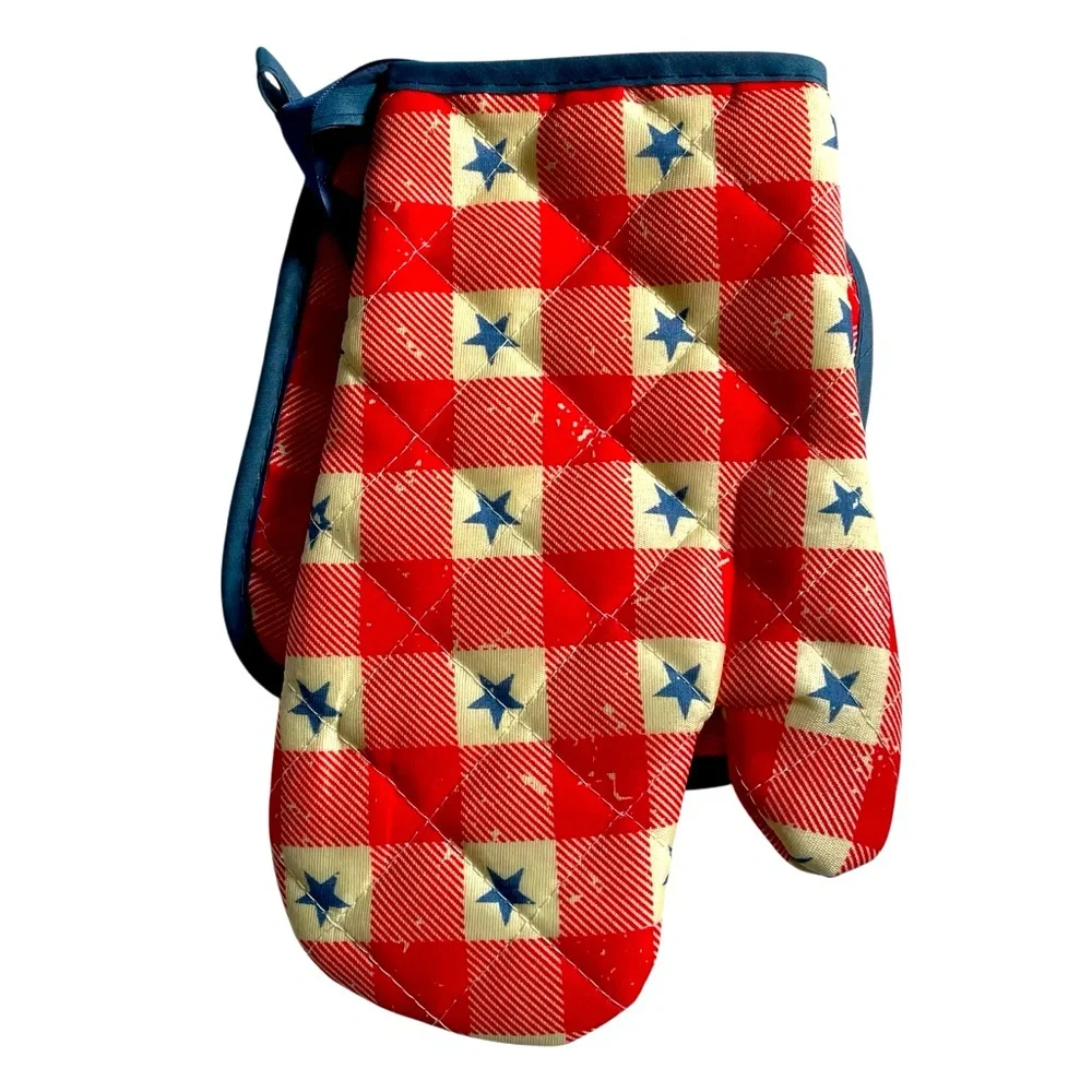 Patriotic Oven Mitt Pot Holder Set Patriotic Red White Plaid with Blue Stars